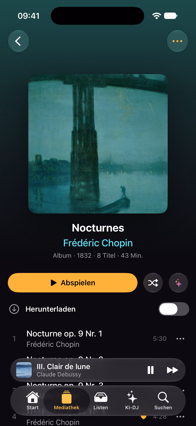 Das Album «Nocturnes» von Frédéric Chopin mit Abspielen, Zufall und KI-Shuffle