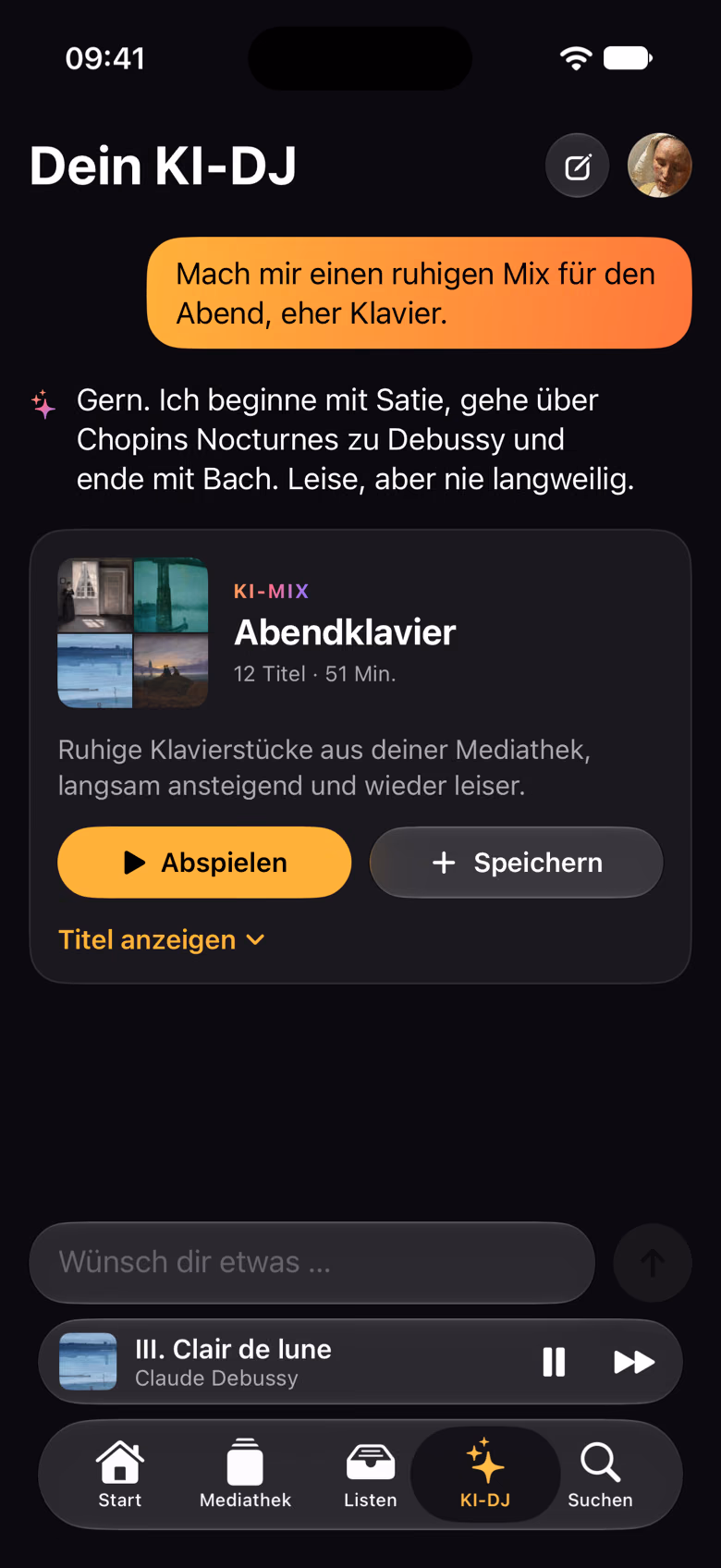 Der KI-DJ stellt einen ruhigen Klavier-Mix für den Abend zusammen