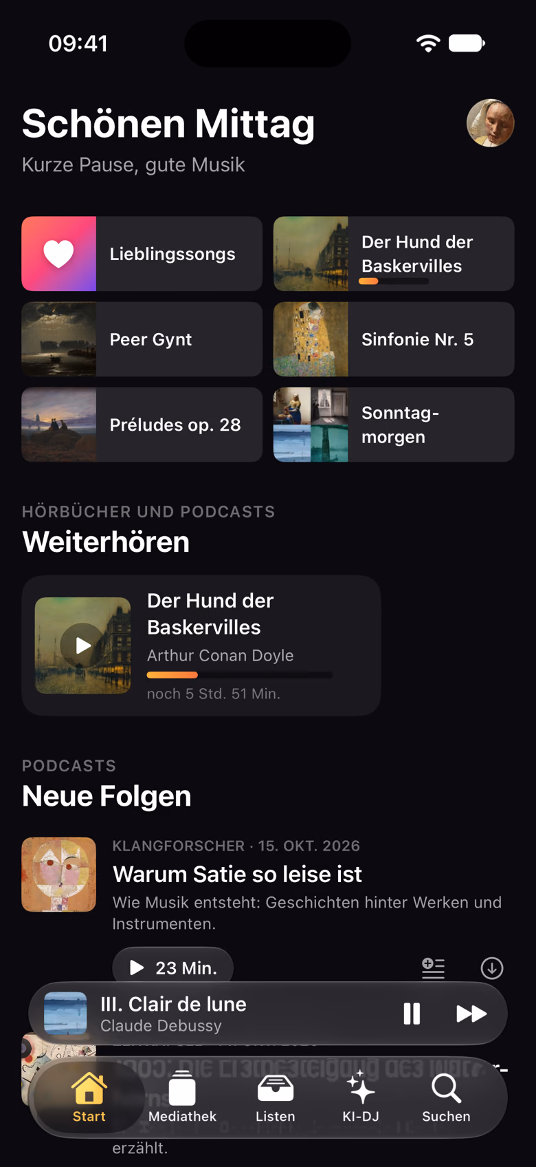 Die Startseite von Sonivora mit Schnellzugriff, Weiterhören und neuen Podcast-Folgen