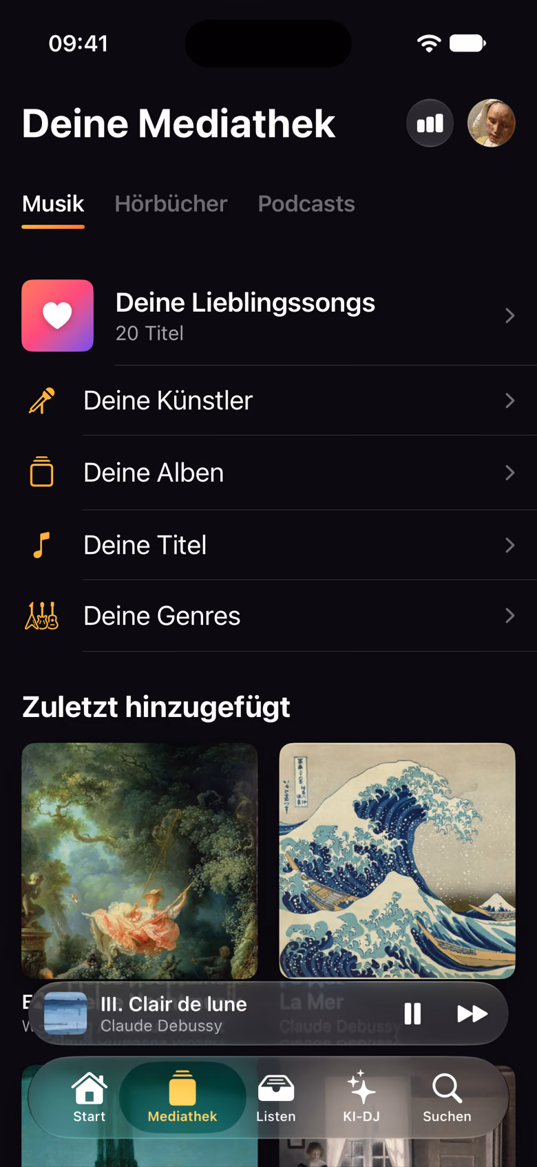Die Mediathek mit Lieblingssongs, Künstlern, Alben, Titeln und Genres