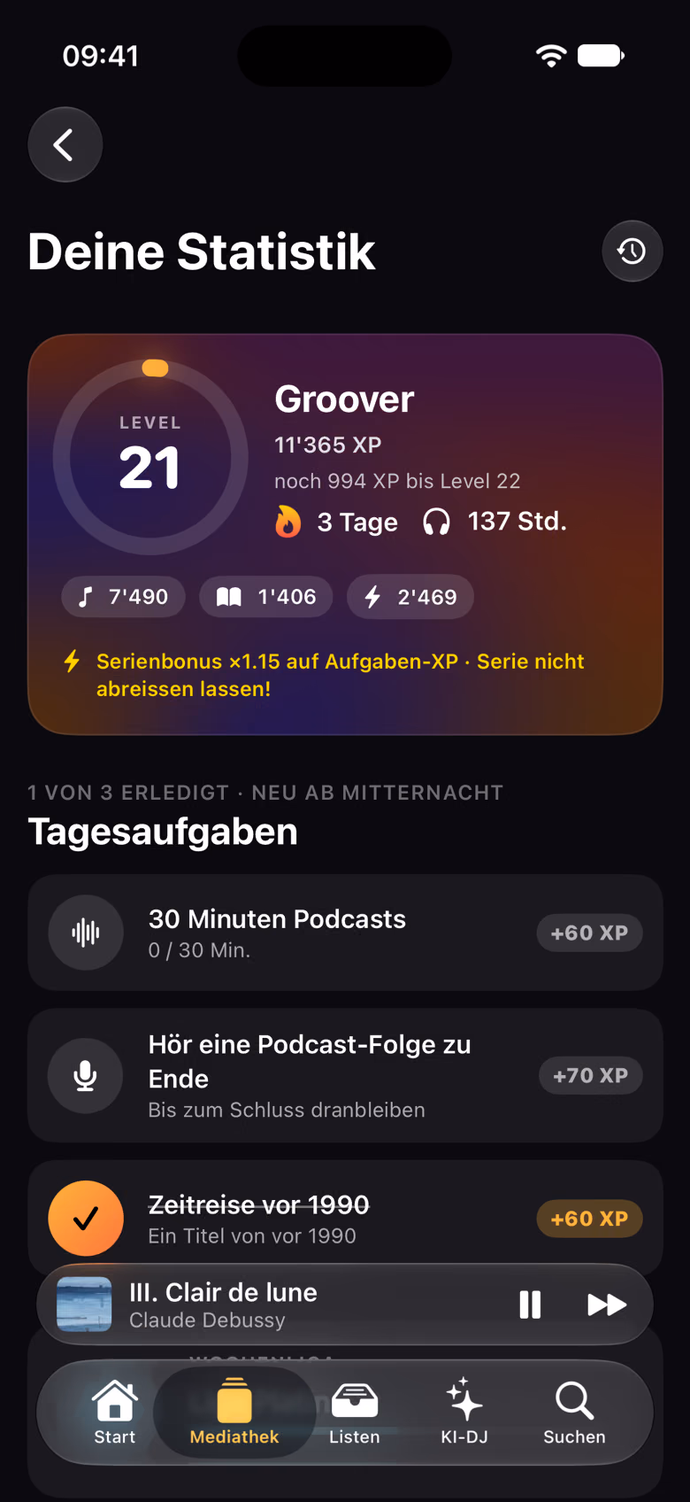 Die Statistik mit Level, Hörzeit und Tagesaufgaben