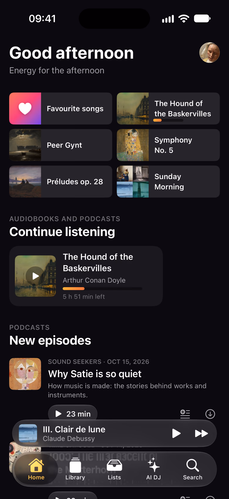 The audiobook “The Hound of the Baskervilles” with progress and chapter