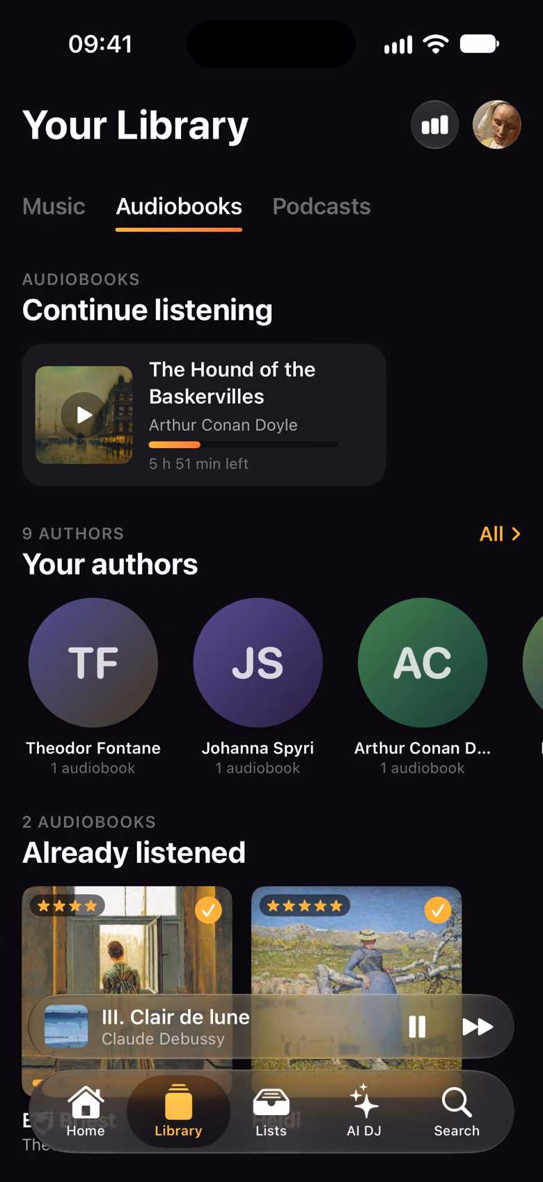 Audiobooks with continue listening, authors and finished books