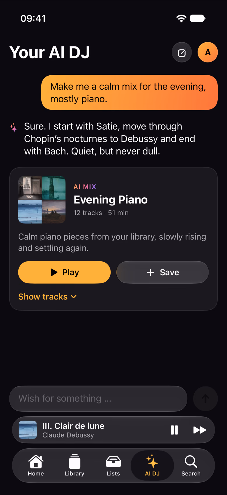 The AI DJ puts together a calm piano mix for the evening