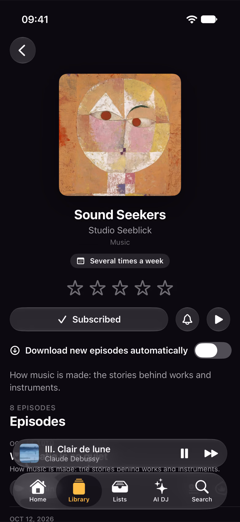 A podcast with subscription, bell and episodes