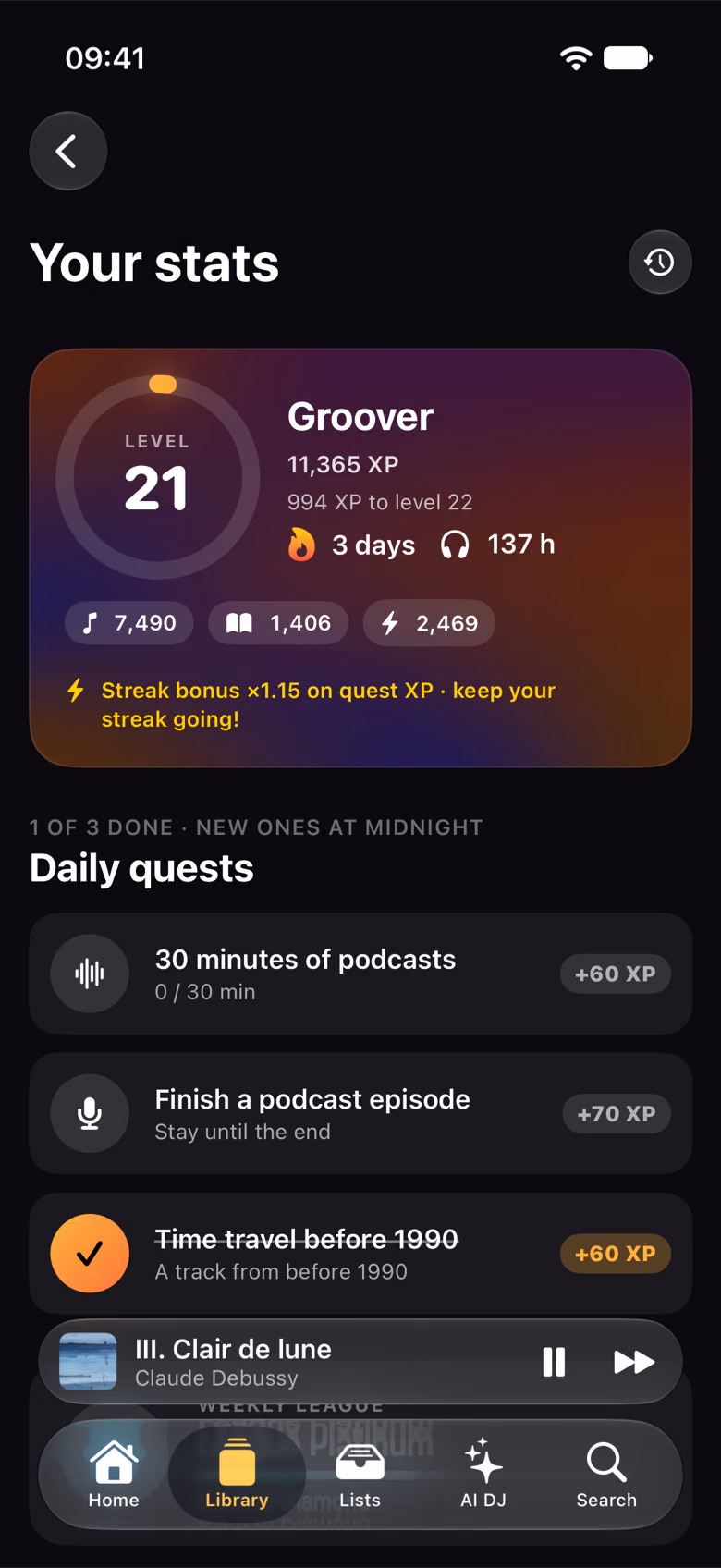 Stats with level, listening time and daily quests
