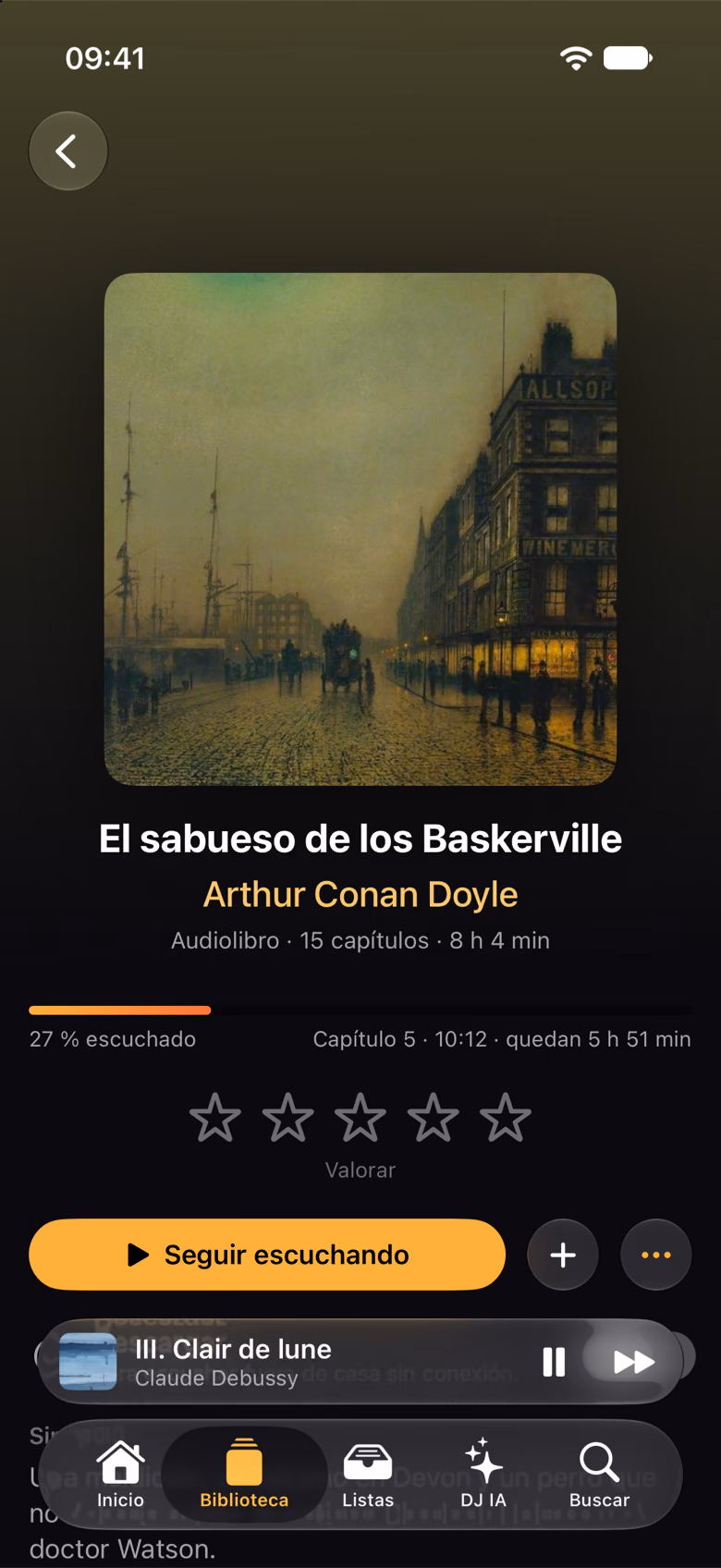 El audiolibro «El sabueso de los Baskerville» con progreso y capítulo