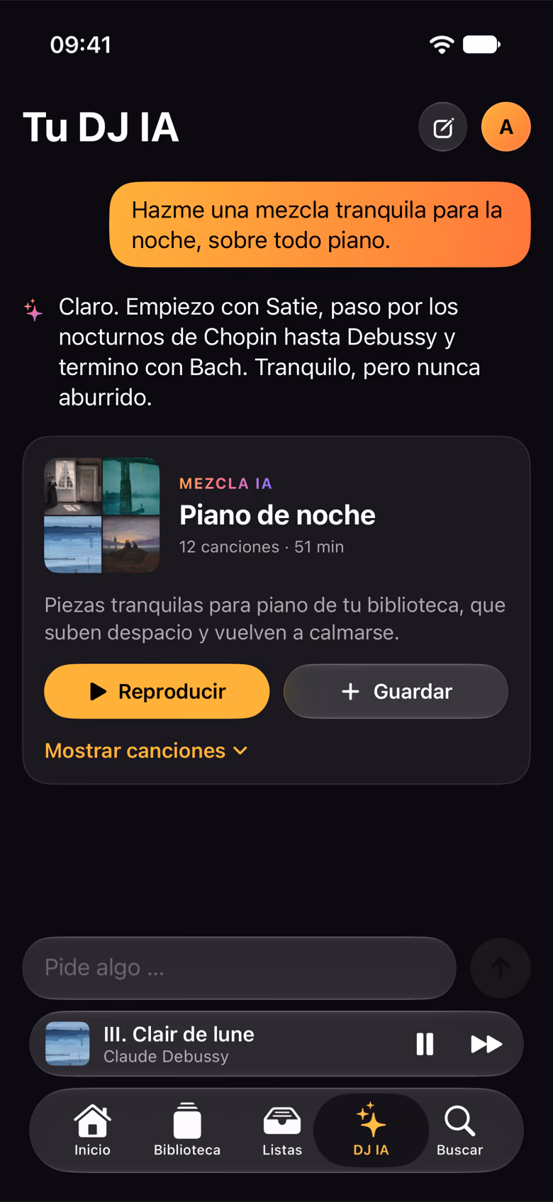 El DJ IA prepara una mezcla de piano tranquila para la noche