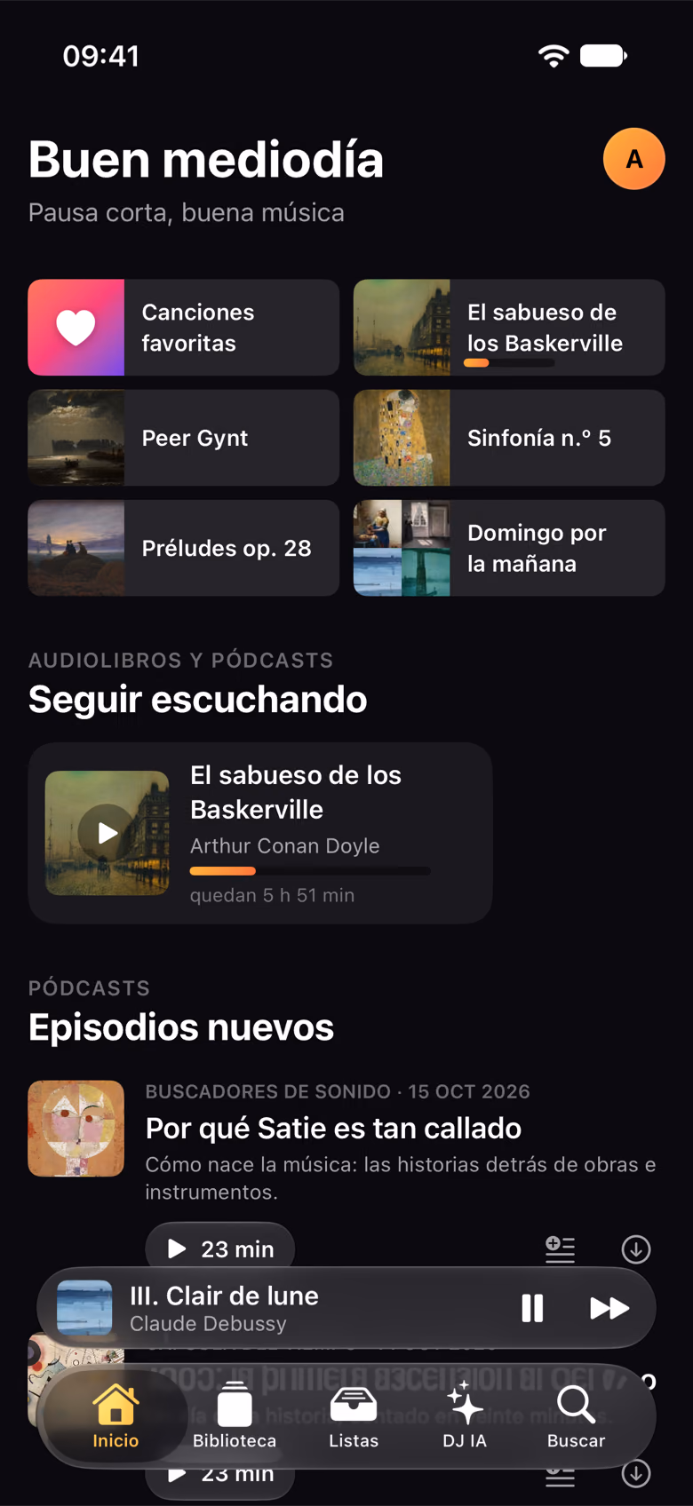 El inicio de Sonivora con accesos rápidos, seguir escuchando y episodios nuevos de pódcasts