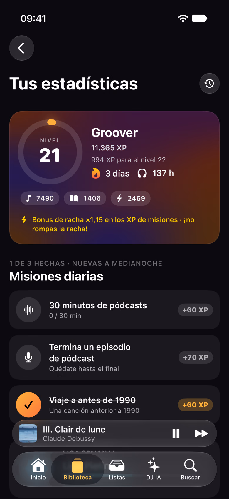 Las estadísticas con nivel, tiempo de escucha y misiones del día