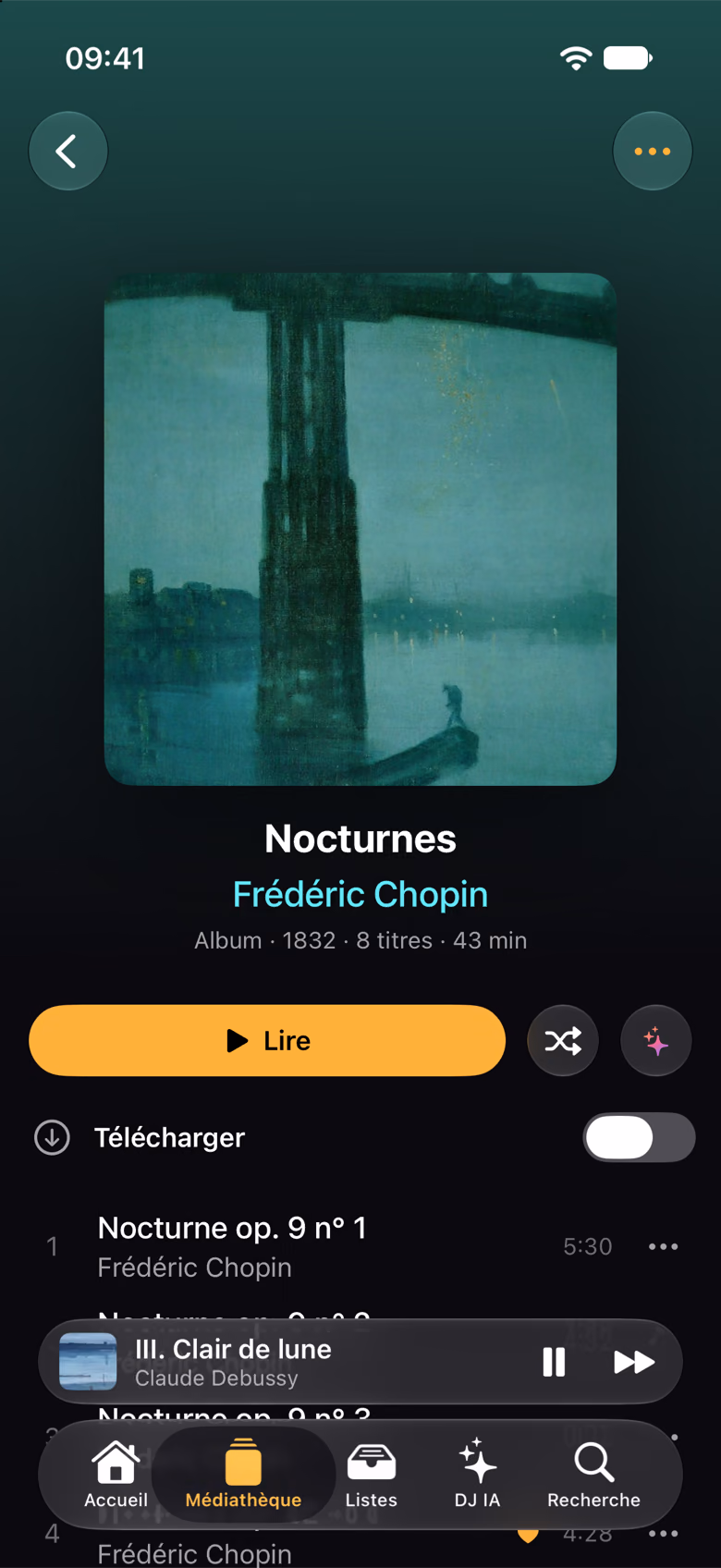 L’album « Nocturnes » de Frédéric Chopin avec lecture, lecture aléatoire et Shuffle IA