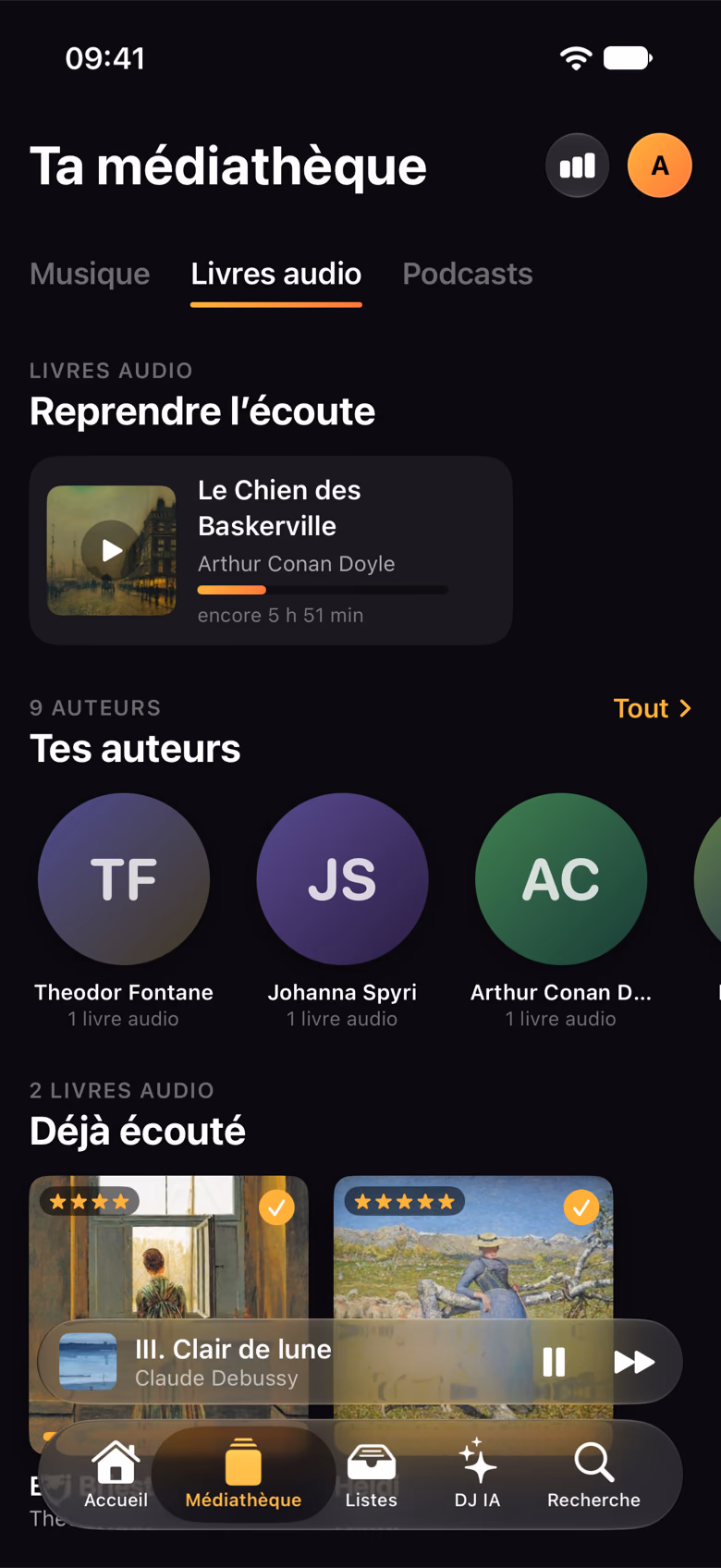 Les livres audio avec reprise de l’écoute, auteurs et livres écoutés