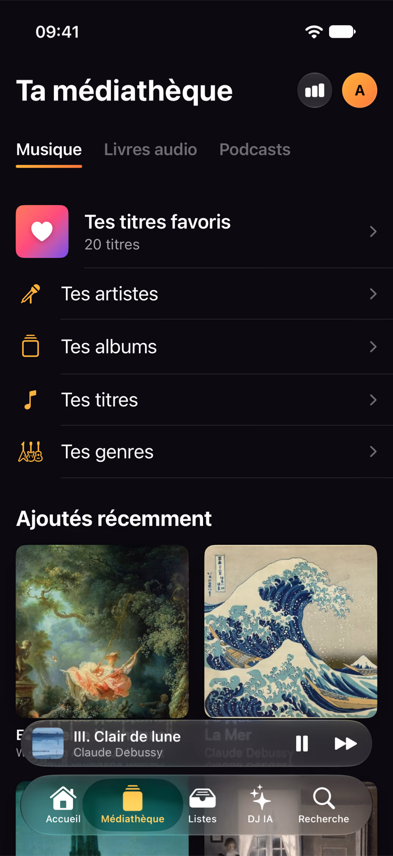 La médiathèque avec titres favoris, artistes, albums, titres et genres