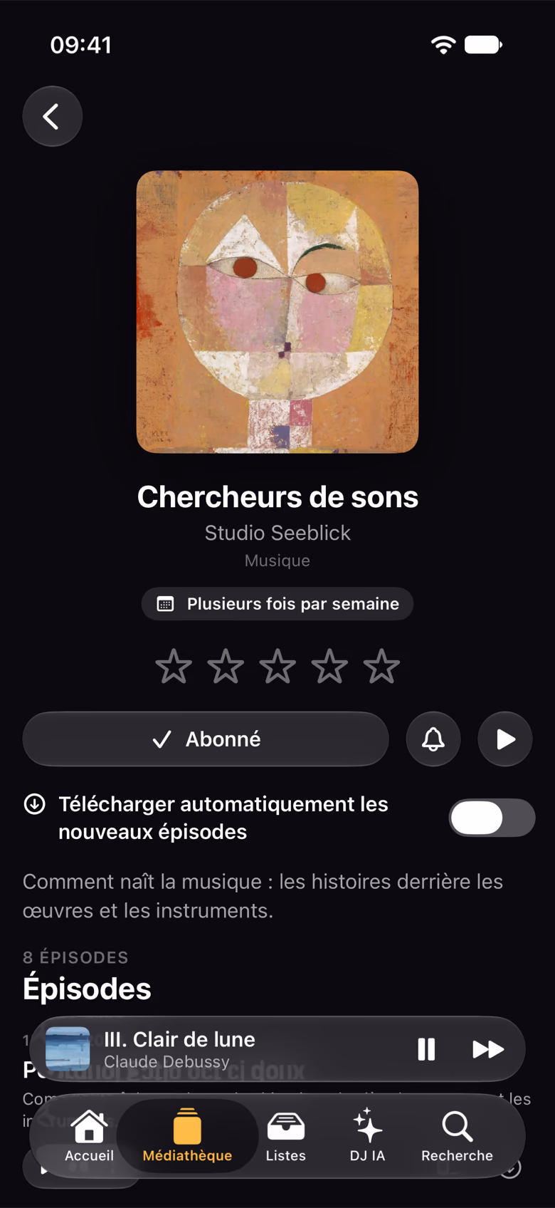 Un podcast avec abonnement, cloche et épisodes