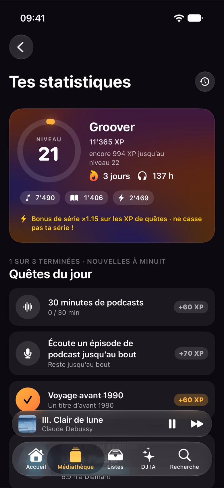 Les statistiques avec niveau, temps d’écoute et quêtes du jour
