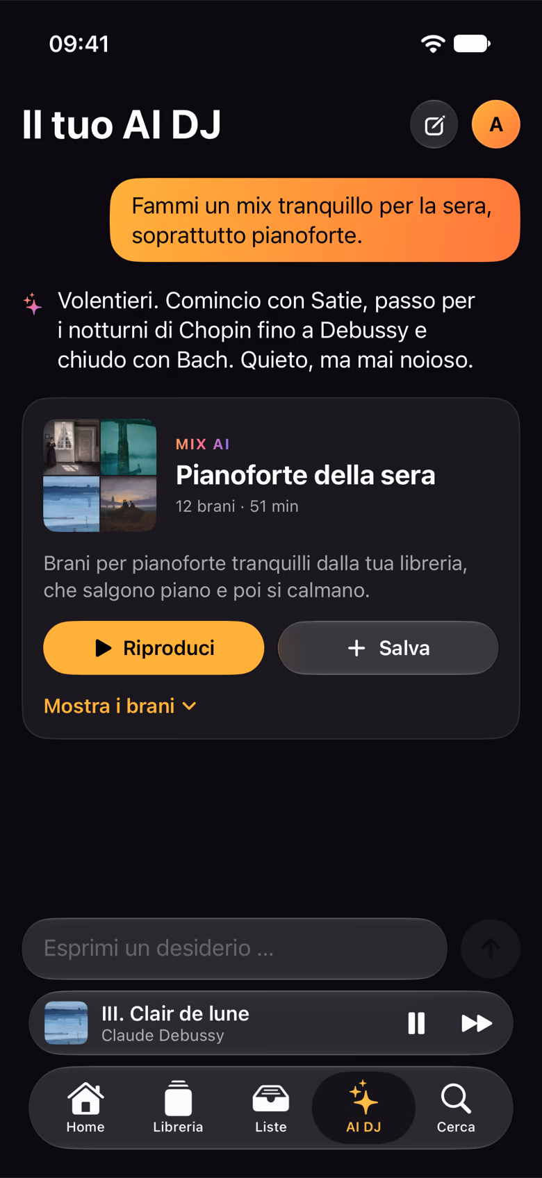 L’AI DJ prepara un mix di pianoforte tranquillo per la sera