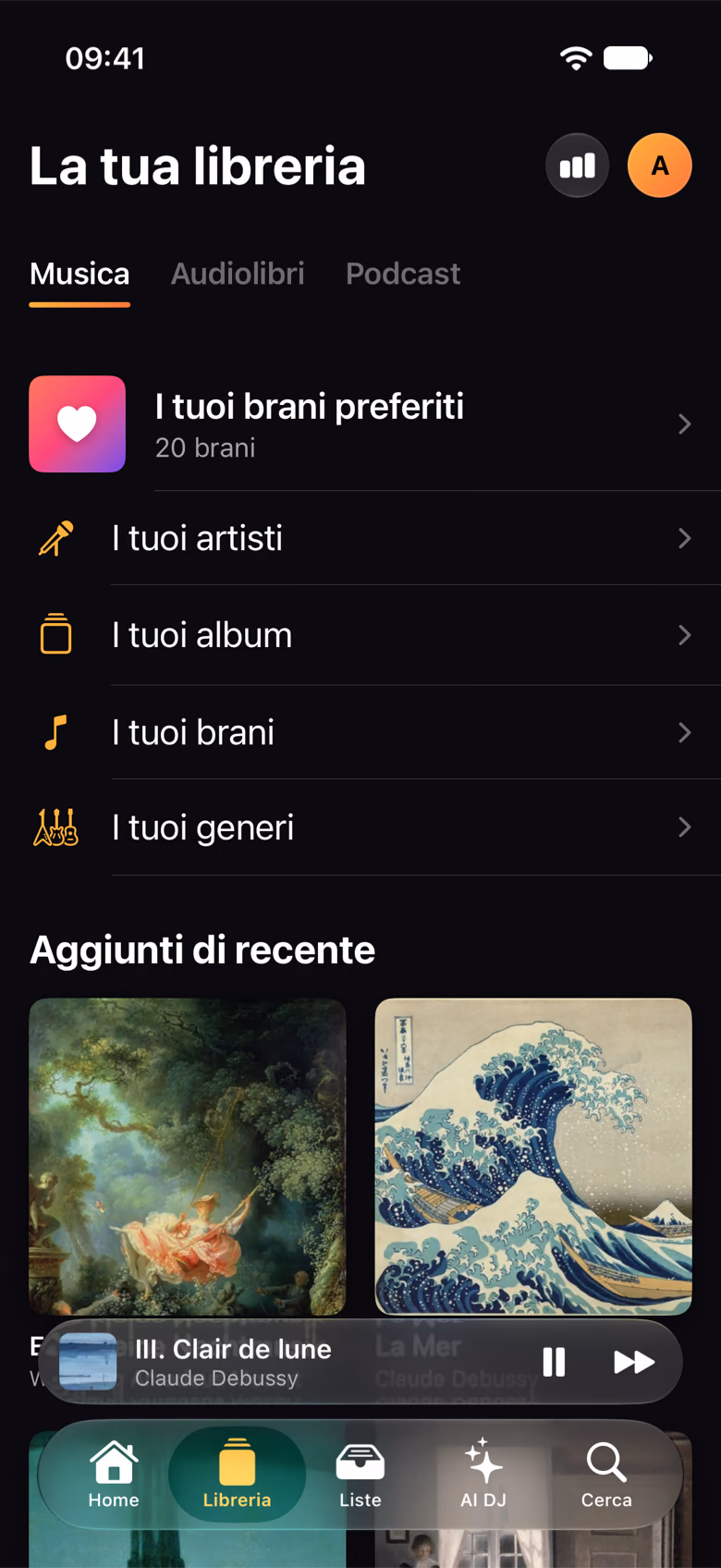 La libreria con brani preferiti, artisti, album, brani e generi