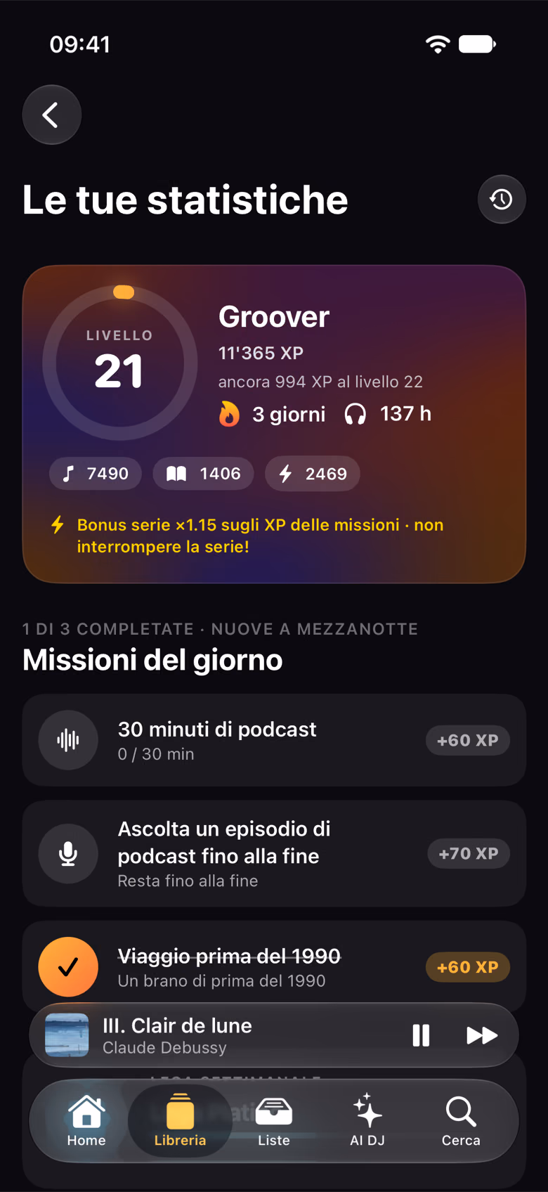 Le statistiche con livello, tempo d’ascolto e missioni del giorno